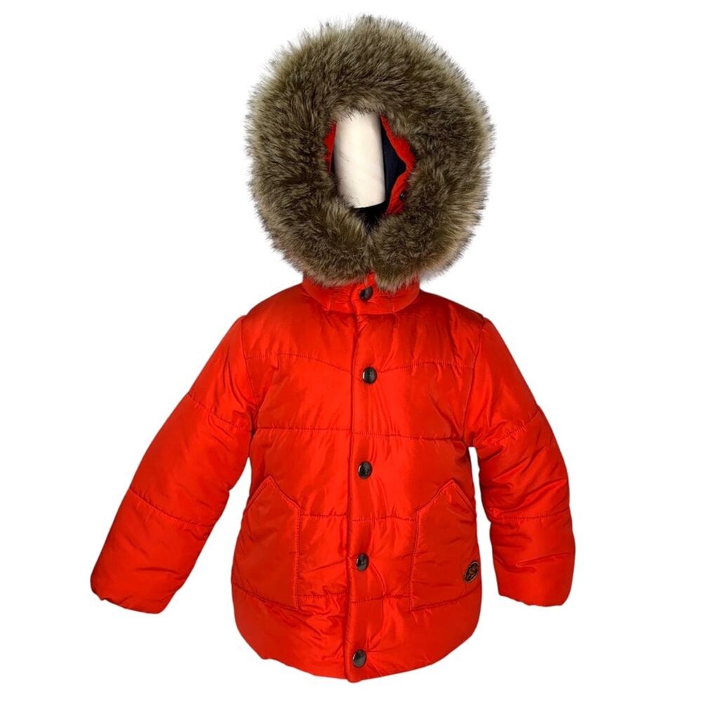 Mon Petit Manteau by Cyrillic Puffer Jacket Orange Blue Fleece Lining
